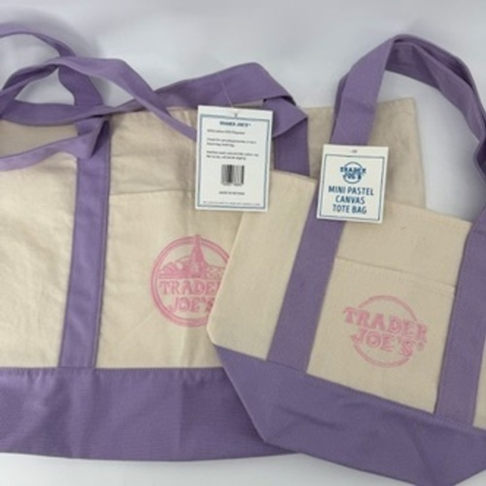 Trader Joe's Mini Pastel Canvas Tote Bag & Standard Tote Set Lilac Purple NWT